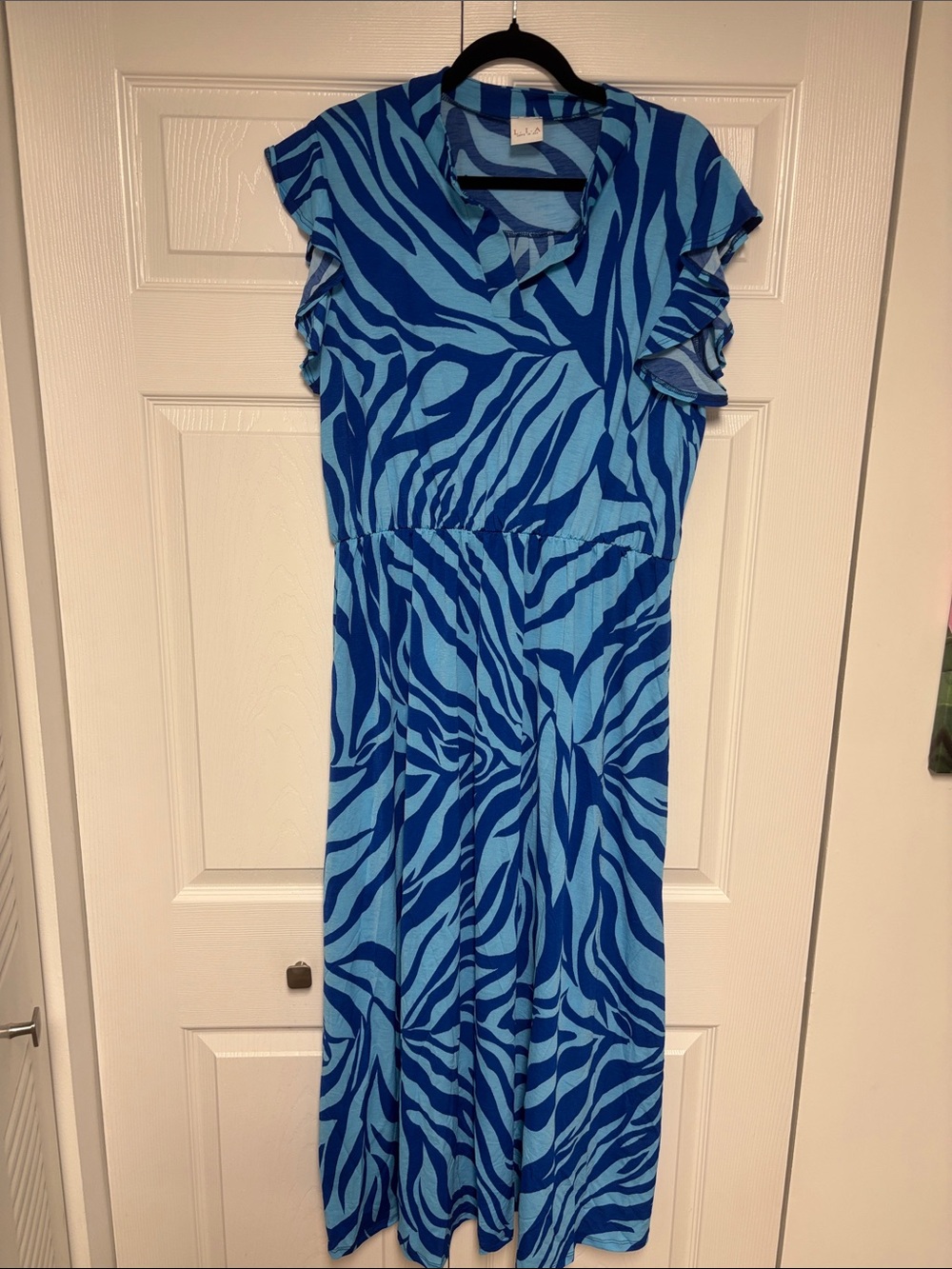 Blue Zebra-Print Maxi Dress with Flutter Sleeves